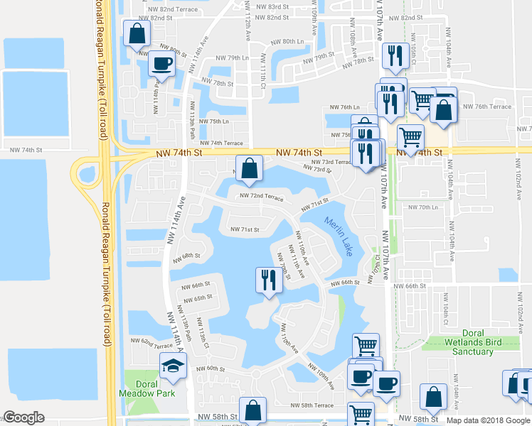 map of restaurants, bars, coffee shops, grocery stores, and more near 11123 Northwest 71st Terrace in Doral