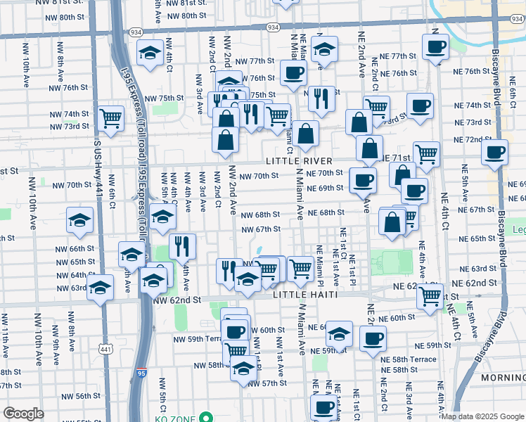 map of restaurants, bars, coffee shops, grocery stores, and more near 160 Northwest 68th Terrace in Miami