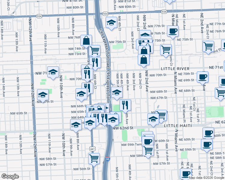 map of restaurants, bars, coffee shops, grocery stores, and more near 6834 Northwest 5 Avenue in Miami