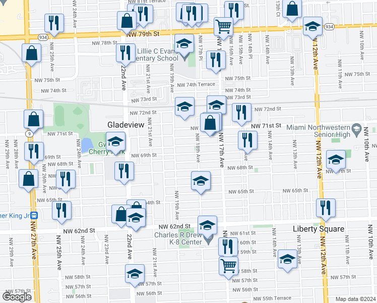 map of restaurants, bars, coffee shops, grocery stores, and more near 1810 Northwest 69th Terrace in Miami