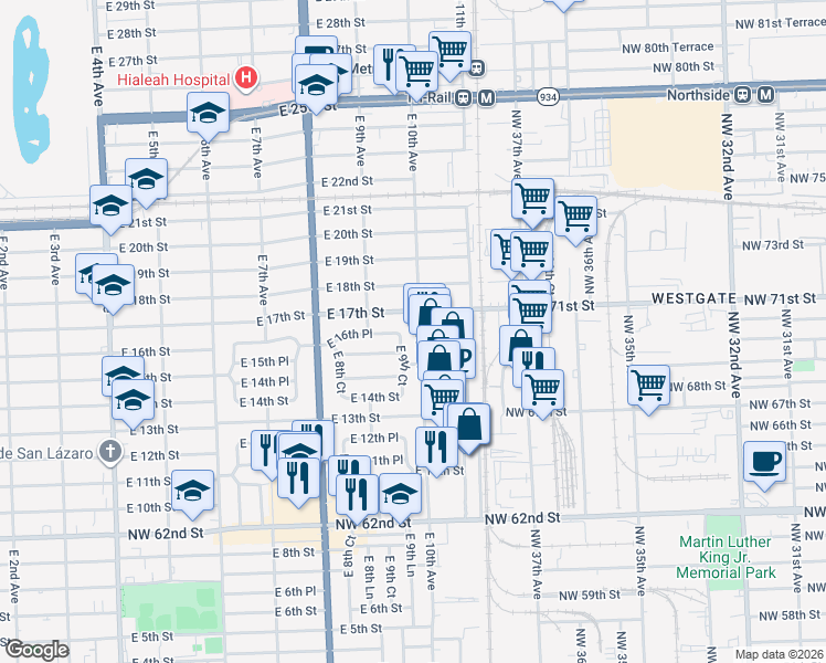map of restaurants, bars, coffee shops, grocery stores, and more near 1602 East 10th Avenue in Hialeah