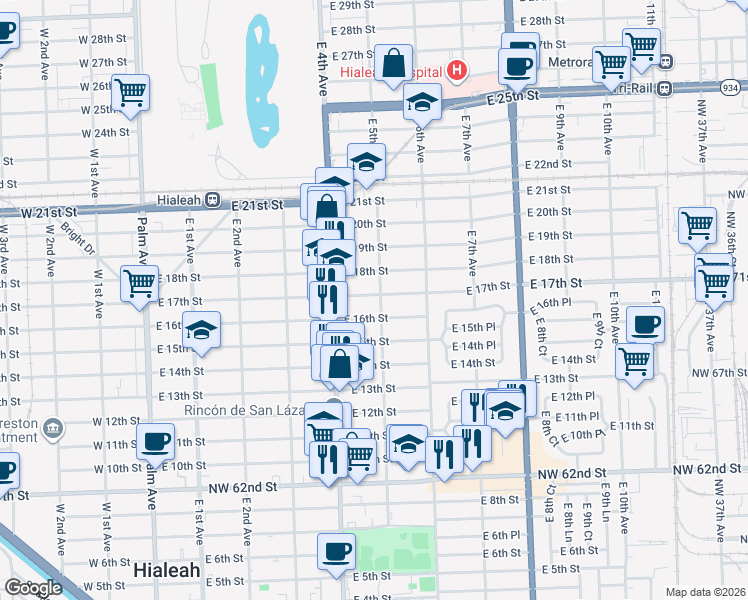 map of restaurants, bars, coffee shops, grocery stores, and more near 467 East 17th Street in Hialeah
