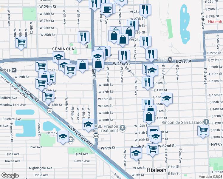 map of restaurants, bars, coffee shops, grocery stores, and more near 284 West 18th Street in Hialeah