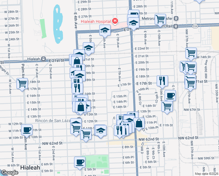 map of restaurants, bars, coffee shops, grocery stores, and more near 610 East 17th Street in Hialeah