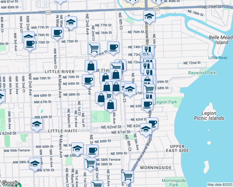 map of restaurants, bars, coffee shops, grocery stores, and more near 6761 Northeast 4th Avenue in Miami