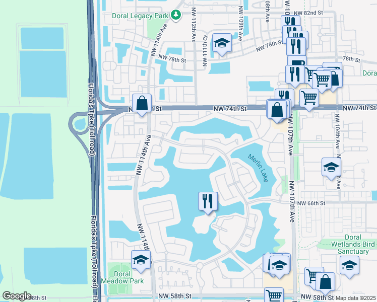 map of restaurants, bars, coffee shops, grocery stores, and more near 11213 Northwest 71st Terrace in Doral
