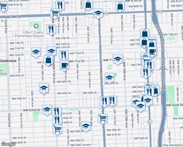 map of restaurants, bars, coffee shops, grocery stores, and more near 1275 Northwest 68th Terrace in Miami