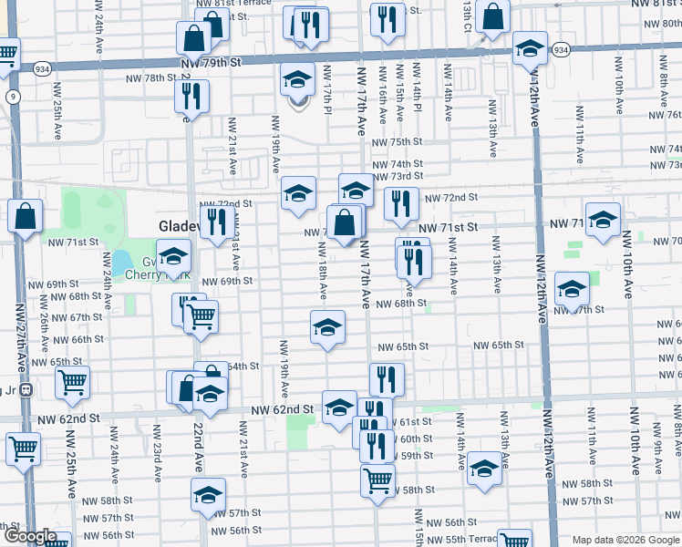 map of restaurants, bars, coffee shops, grocery stores, and more near 1736 Northwest 69th Terrace in Miami