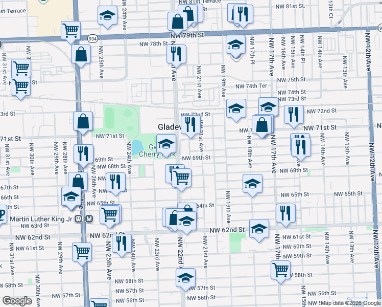 map of restaurants, bars, coffee shops, grocery stores, and more near 2146 Northwest 69th Terrace in Miami