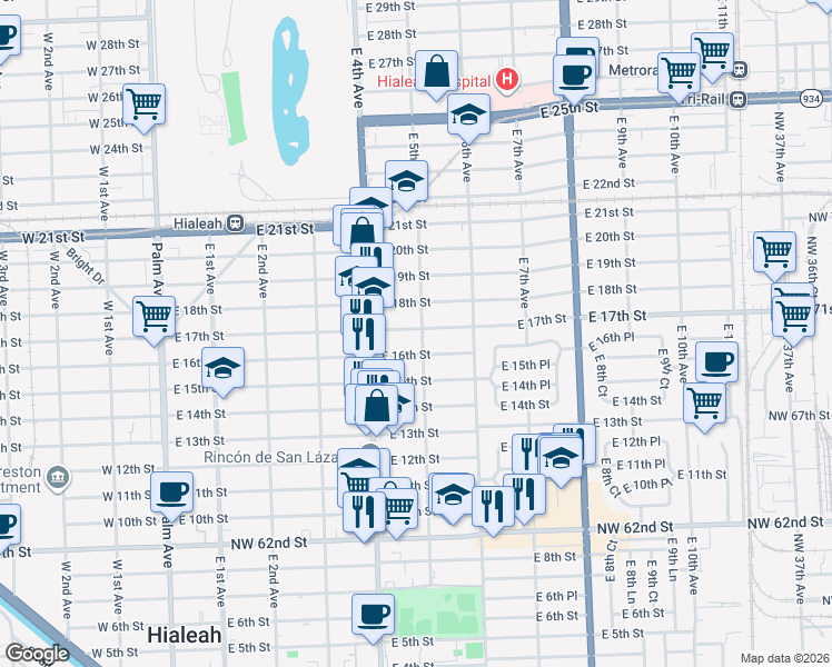 map of restaurants, bars, coffee shops, grocery stores, and more near 467 East 17th Street in Hialeah