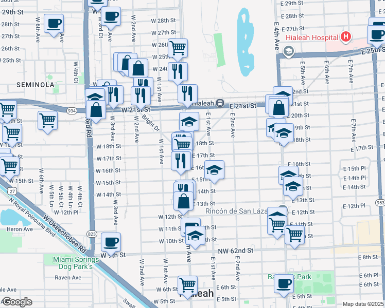 map of restaurants, bars, coffee shops, grocery stores, and more near 1700 Curtiss Drive in Hialeah