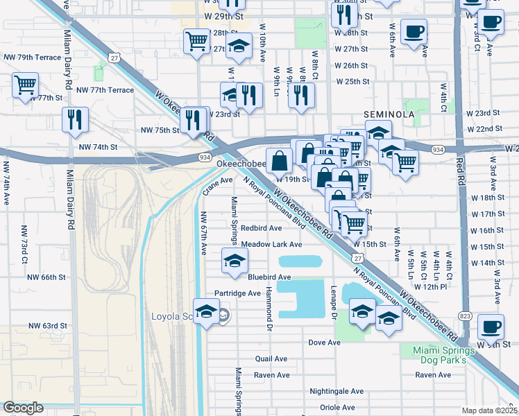map of restaurants, bars, coffee shops, grocery stores, and more near 1121 Starling Ave in Miami Springs