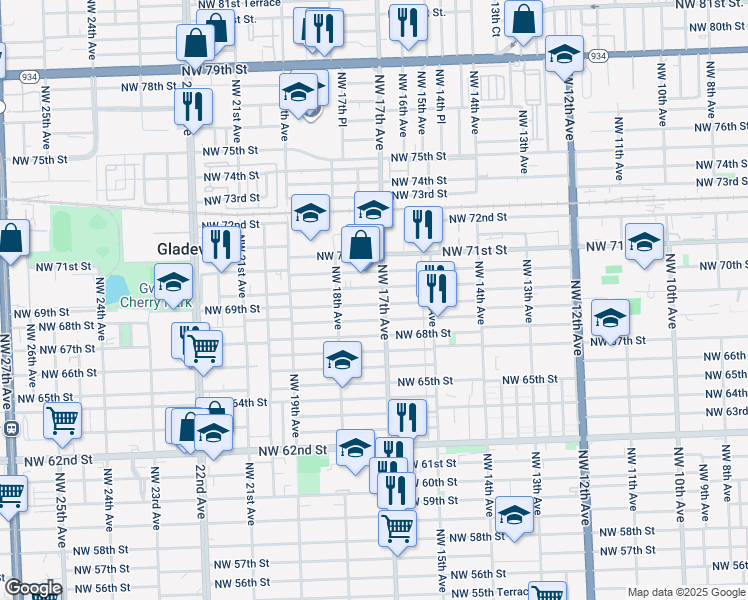 map of restaurants, bars, coffee shops, grocery stores, and more near 1736 Northwest 69th Terrace in Miami