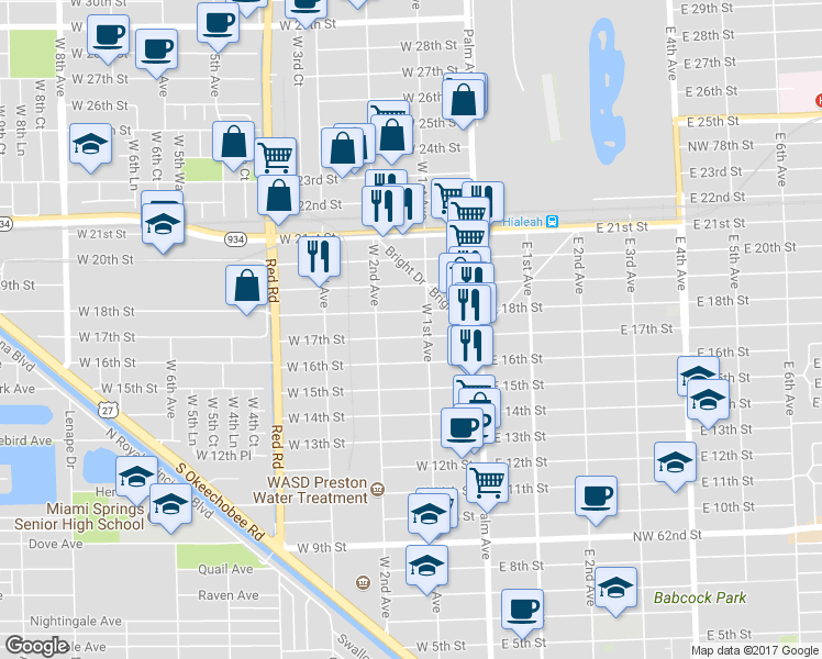 map of restaurants, bars, coffee shops, grocery stores, and more near 121 West 17th Street in Hialeah