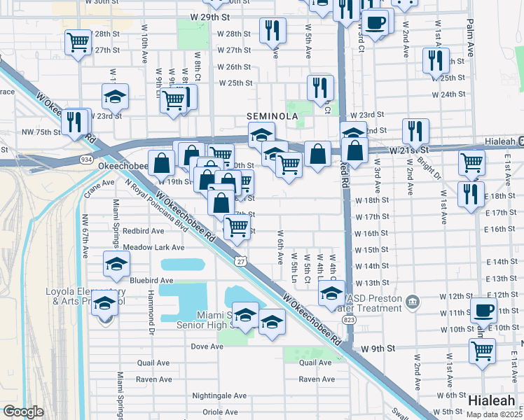 map of restaurants, bars, coffee shops, grocery stores, and more near 650 West 18th Street in Hialeah