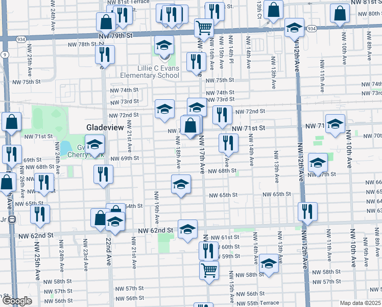 map of restaurants, bars, coffee shops, grocery stores, and more near 1736 Northwest 69th Terrace in Miami