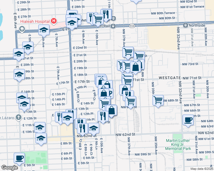 map of restaurants, bars, coffee shops, grocery stores, and more near 1071 East 16th Street in Hialeah