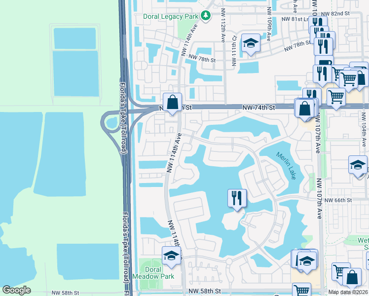 map of restaurants, bars, coffee shops, grocery stores, and more near 7023 Northwest 113th Place in Doral