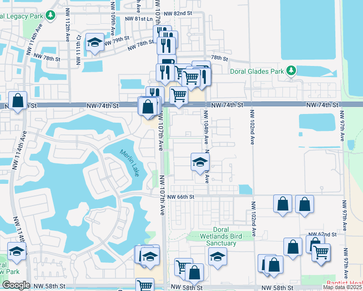 map of restaurants, bars, coffee shops, grocery stores, and more near 10534 Northwest 70th Lane in Doral