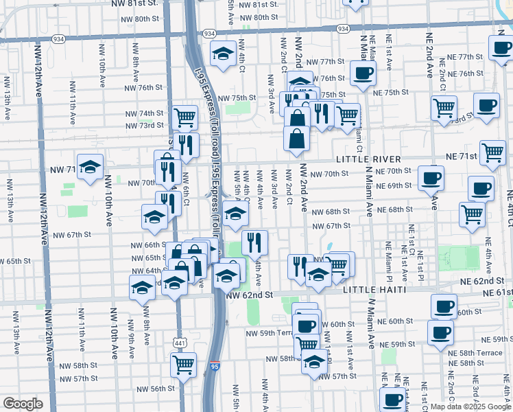 map of restaurants, bars, coffee shops, grocery stores, and more near 6820 Northwest 4th Avenue in Miami