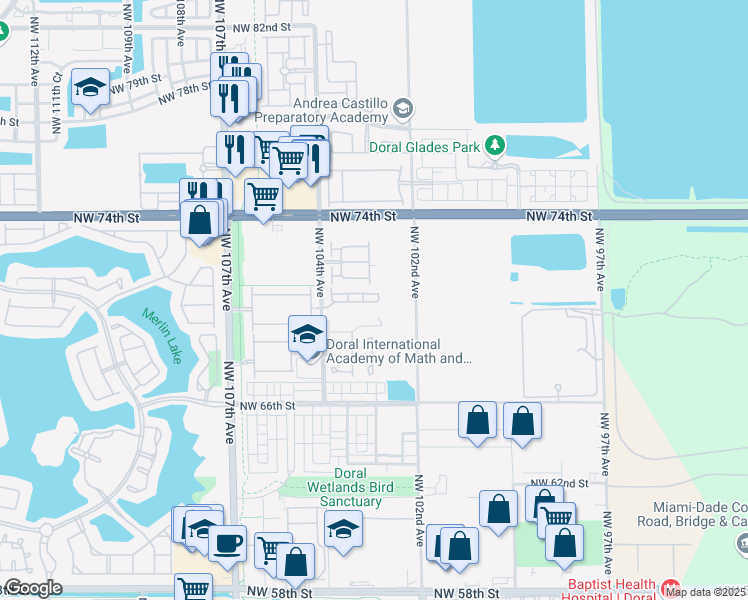 map of restaurants, bars, coffee shops, grocery stores, and more near 7032 Northwest 103rd Avenue in Doral