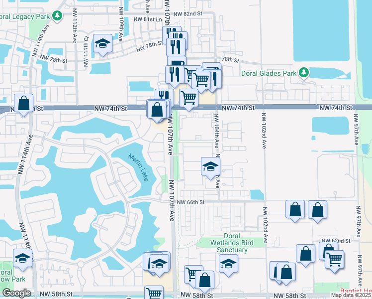 map of restaurants, bars, coffee shops, grocery stores, and more near 10534 Northwest 70th Lane in Doral