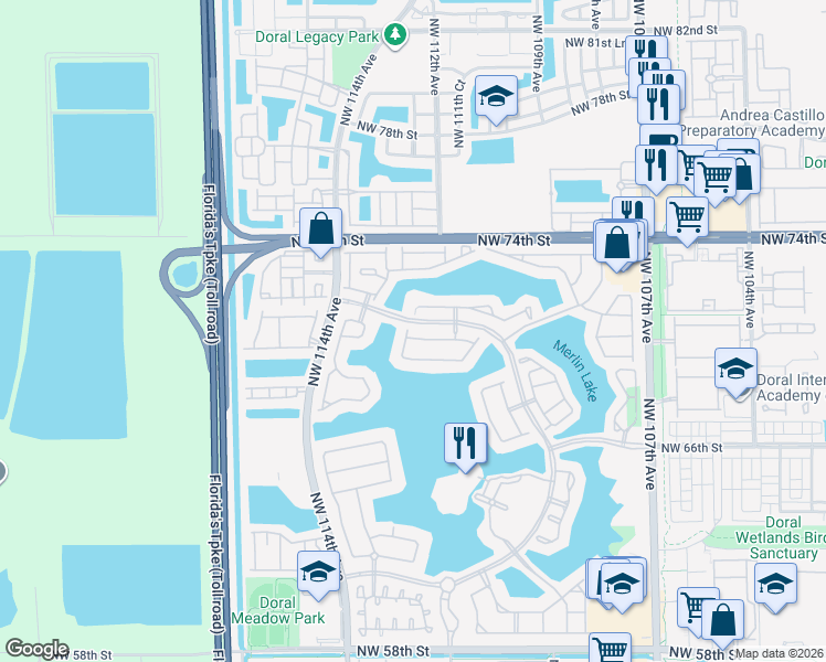 map of restaurants, bars, coffee shops, grocery stores, and more near 11213 Northwest 71st Terrace in Doral