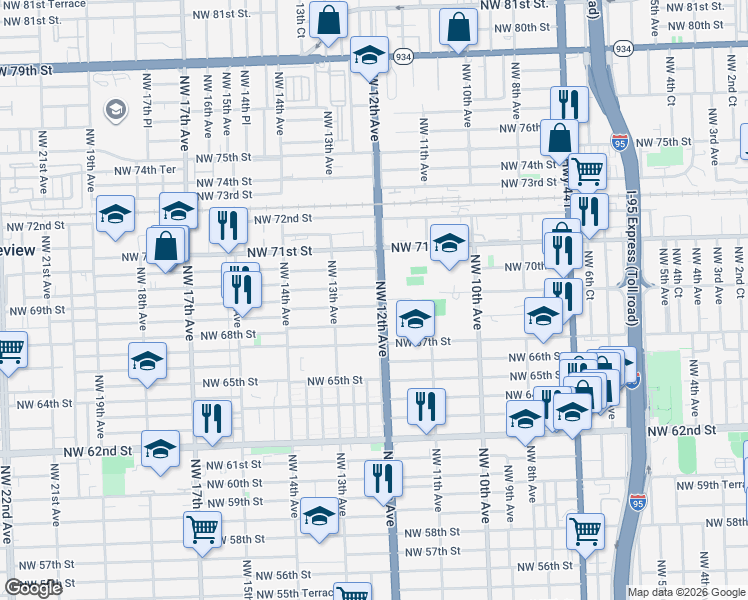 map of restaurants, bars, coffee shops, grocery stores, and more near 6850 Northwest 12th Avenue in Miami