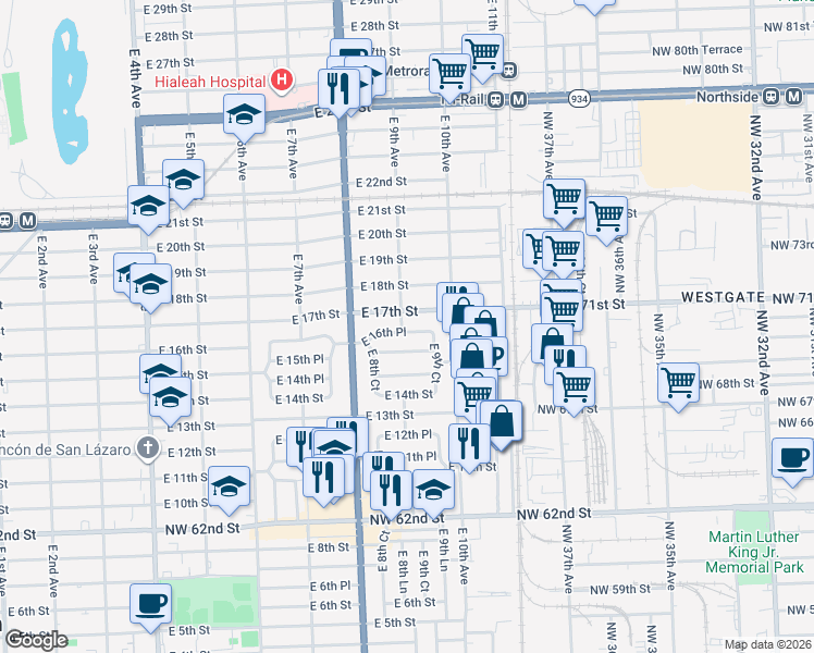 map of restaurants, bars, coffee shops, grocery stores, and more near 901 East 16th Place in Hialeah