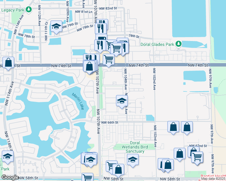 map of restaurants, bars, coffee shops, grocery stores, and more near 10563 Northwest 70th Lane in Doral