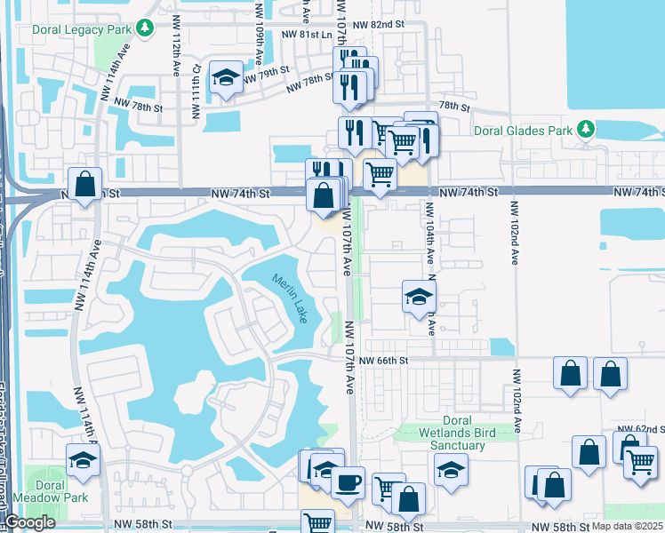 map of restaurants, bars, coffee shops, grocery stores, and more near 10305 Northwest 70th Street in Doral