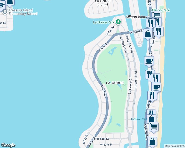 map of restaurants, bars, coffee shops, grocery stores, and more near 5750 Alton Road in Miami Beach