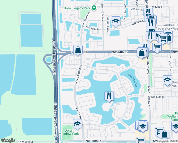 map of restaurants, bars, coffee shops, grocery stores, and more near 7101 Northwest 113th Court in Doral