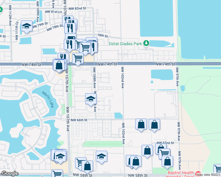 map of restaurants, bars, coffee shops, grocery stores, and more near 7032 Northwest 103rd Avenue in Doral