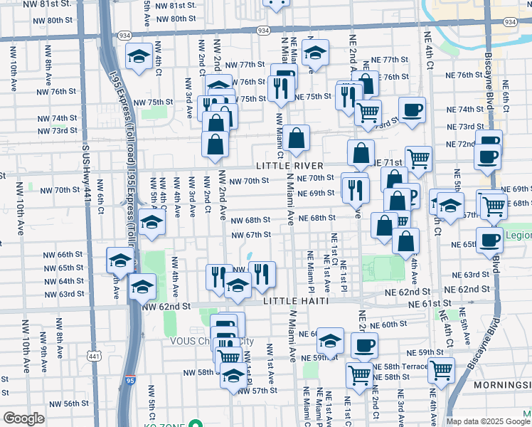 map of restaurants, bars, coffee shops, grocery stores, and more near 74 Northwest 68th Terrace in Miami