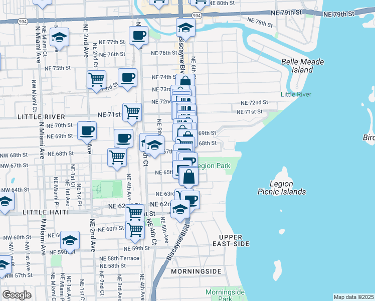 map of restaurants, bars, coffee shops, grocery stores, and more near 6701 Biscayne Boulevard in Miami