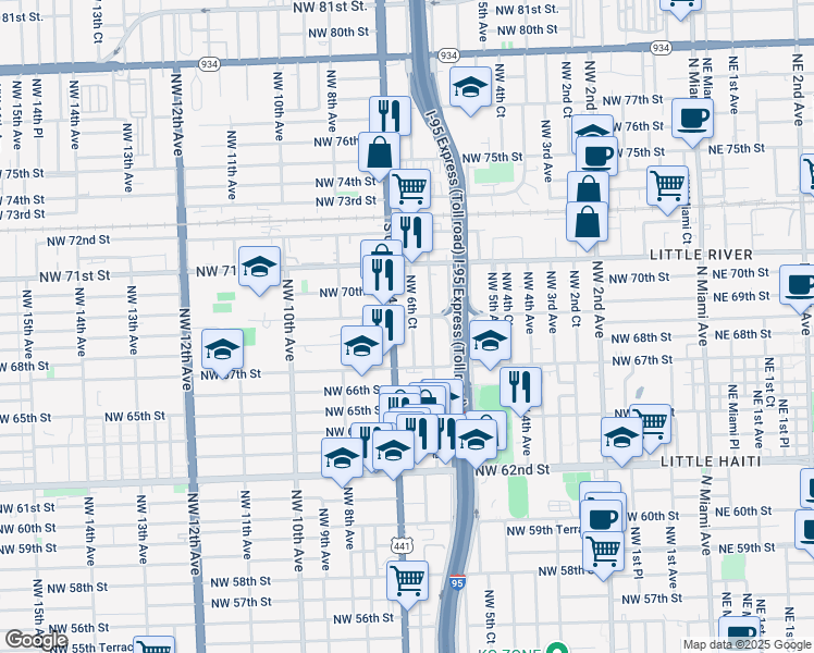 map of restaurants, bars, coffee shops, grocery stores, and more near 6832 Northwest 6th Court in Miami
