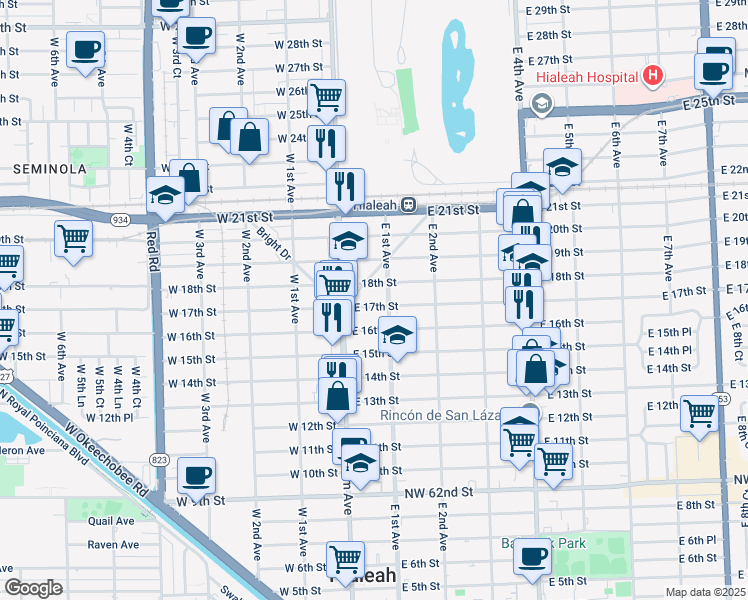 map of restaurants, bars, coffee shops, grocery stores, and more near 83 East 17th Street in Hialeah