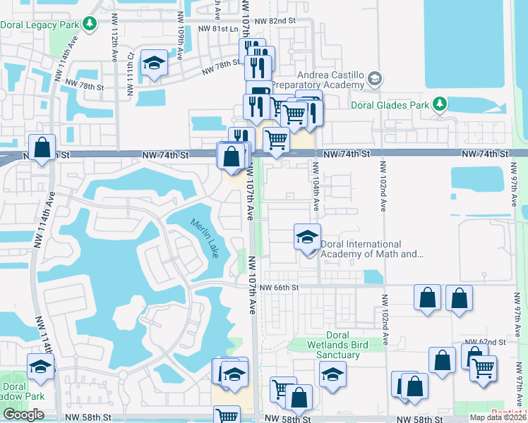 map of restaurants, bars, coffee shops, grocery stores, and more near 7030 Northwest 106th Avenue in Doral
