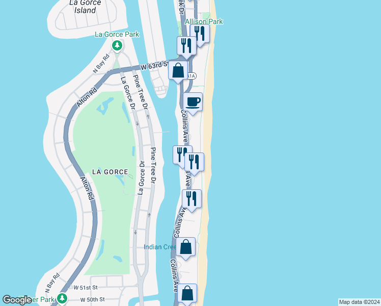map of restaurants, bars, coffee shops, grocery stores, and more near 5700 Collins Avenue in Miami Beach