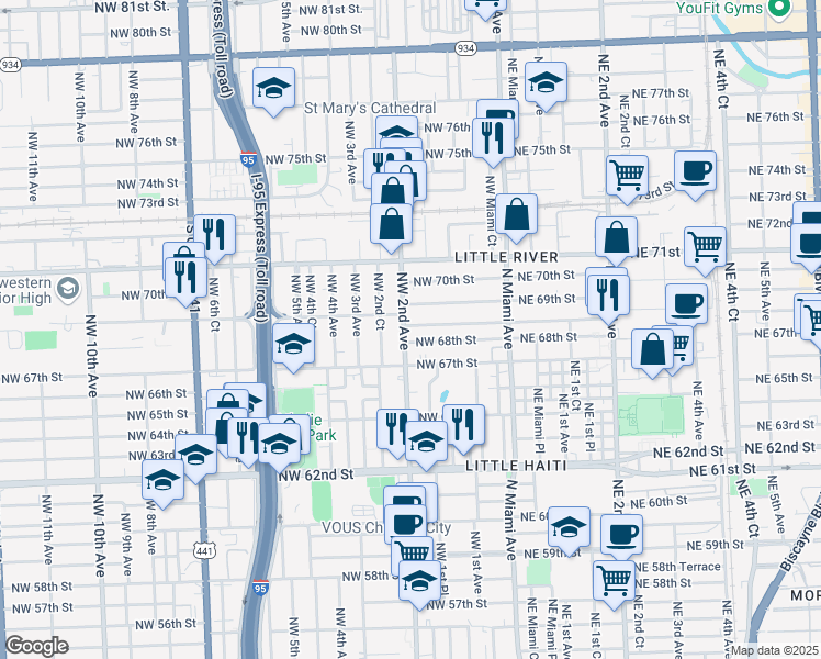 map of restaurants, bars, coffee shops, grocery stores, and more near 6825 Northwest 2nd Avenue in Miami
