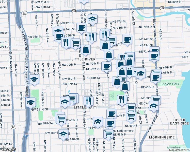 map of restaurants, bars, coffee shops, grocery stores, and more near 97 Northeast 68th Street in Miami