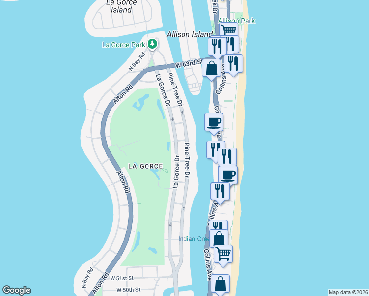 map of restaurants, bars, coffee shops, grocery stores, and more near 5758 Pine Tree Drive in Miami Beach