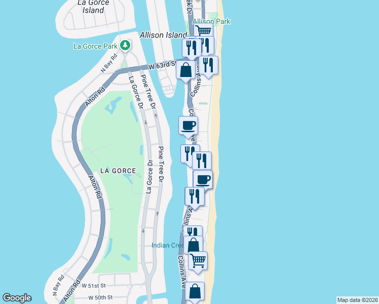 map of restaurants, bars, coffee shops, grocery stores, and more near 5700 Collins Avenue in Miami Beach