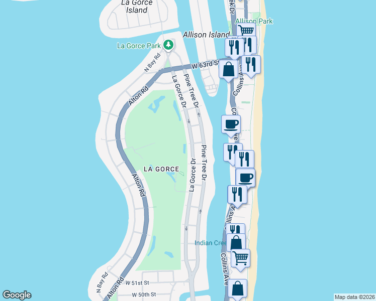 map of restaurants, bars, coffee shops, grocery stores, and more near 5750 Lagorce Drive in Miami Beach