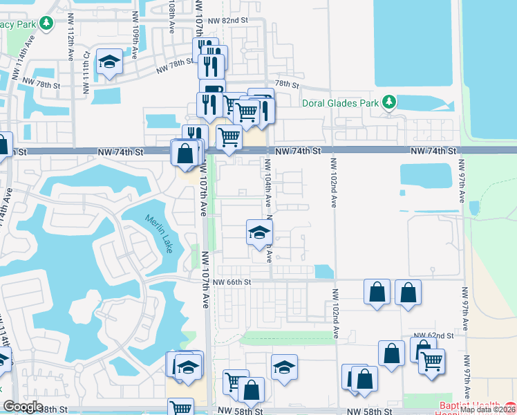map of restaurants, bars, coffee shops, grocery stores, and more near 7020 Northwest 104th Court in Medley