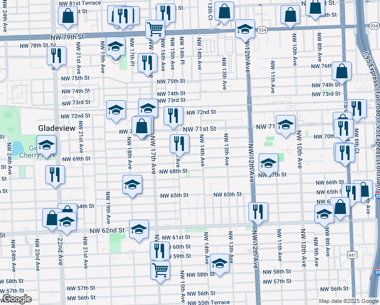 map of restaurants, bars, coffee shops, grocery stores, and more near 1445 Northwest 69th Street in Miami