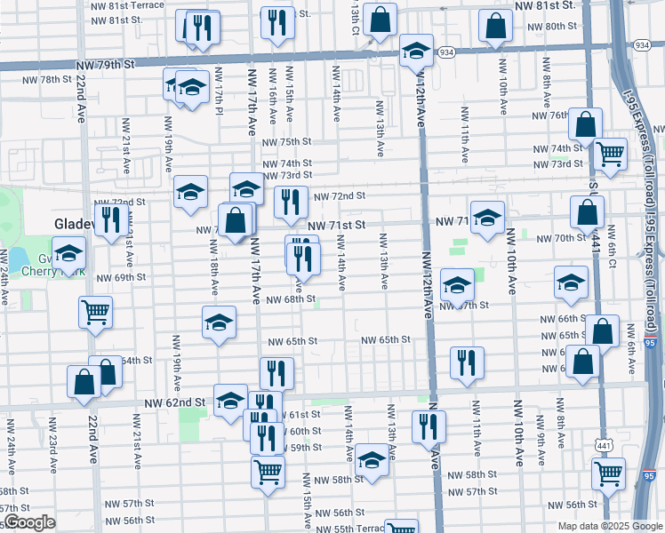 map of restaurants, bars, coffee shops, grocery stores, and more near 1415 Northwest 69th Street in Miami