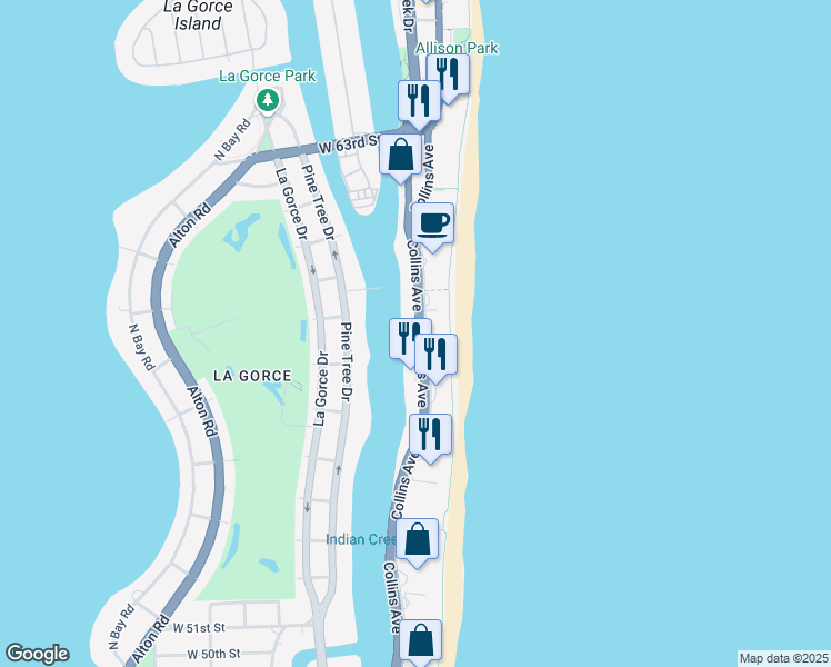 map of restaurants, bars, coffee shops, grocery stores, and more near 5700 Collins Avenue in Miami Beach