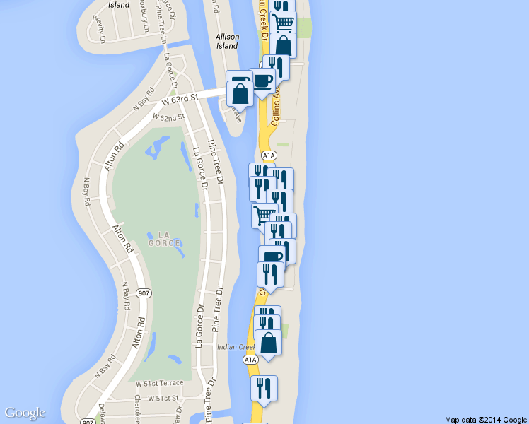 map of restaurants, bars, coffee shops, grocery stores, and more near 5700 Collins Avenue in Miami Beach